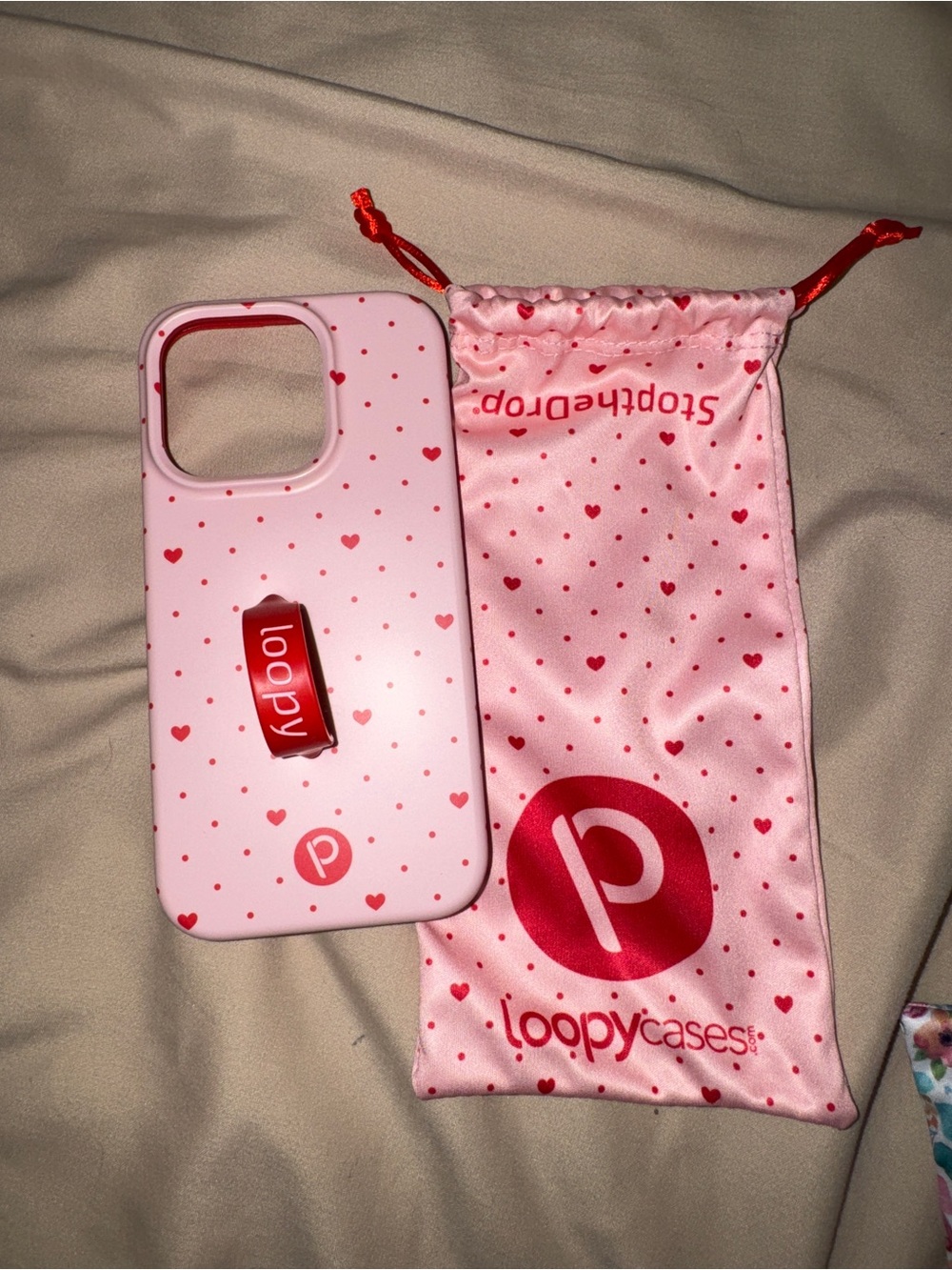 iPhone 15Pro Loopy Case Pink with Red Heart Pattern iPhone Case